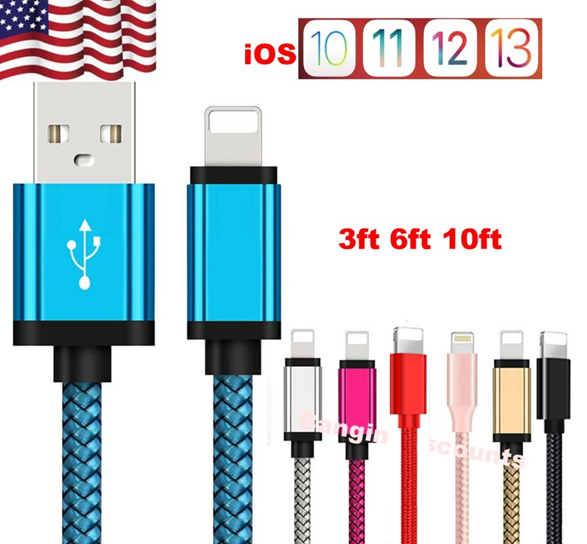 For Iphone 7 8 11 12 + Plus Xs Xr 8 Pin Charger Cable 3/6/10ft Usb Charging Cord